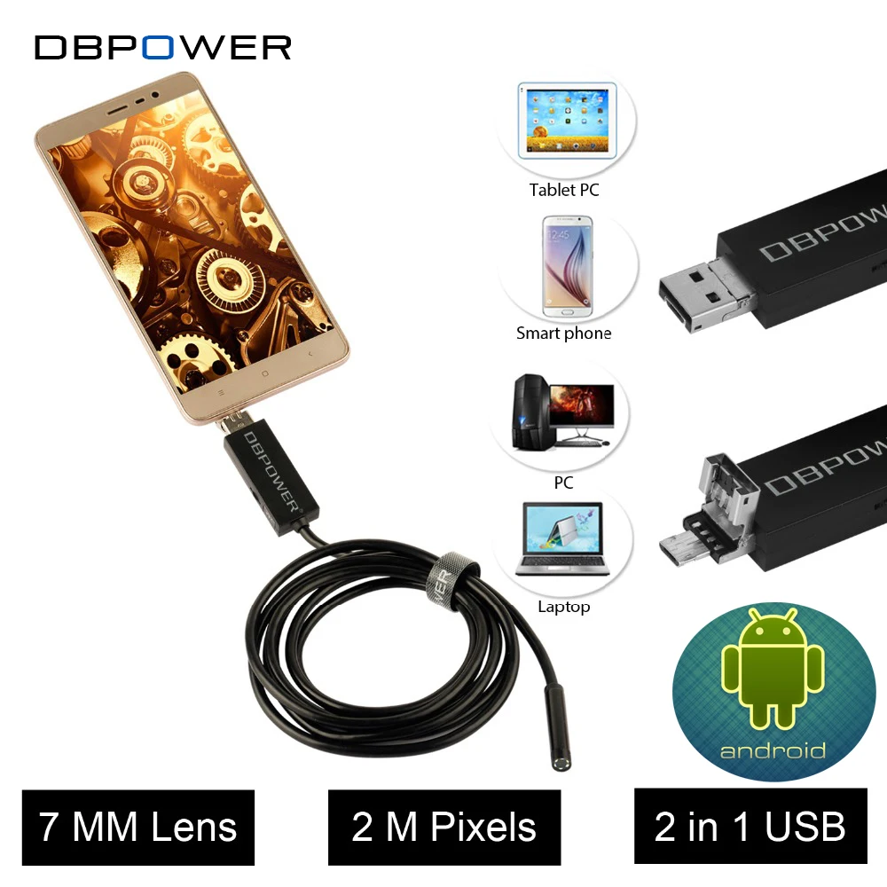 Dbpower 2 в 1 эндоскопа Android и PC USB инспекции Камера 7 мм 0.3mp 720 P HD бороскоп видео CAM 6