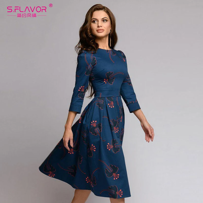 Женское платье с принтом цветов S.FLAVOR, длинное повседневное простое платье с рукавом 3/4, свободное праздничное платье для ве