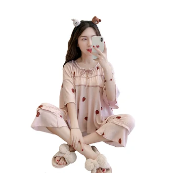 

Summer New Cotton Sleepwear Set Ladies Three Quarter Sleeve Shirt&Pants Home Wear Printed Sweet Pajamas Pijamas Nightwear