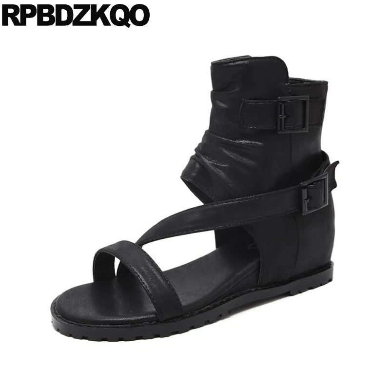 

Wedge 2017 Height Increasing Women Ankle Boots Medium Heel Sandals Black Short Shoes Summer Cheap High Open Toe New Chinese