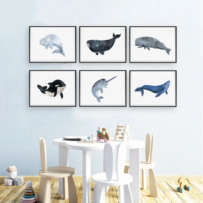 

Ocean Print Boys Nursery Wall Art Decor Ocean Creatures Posters and Prints Whales Narwhal Orca Canvas Painting Home Decoration