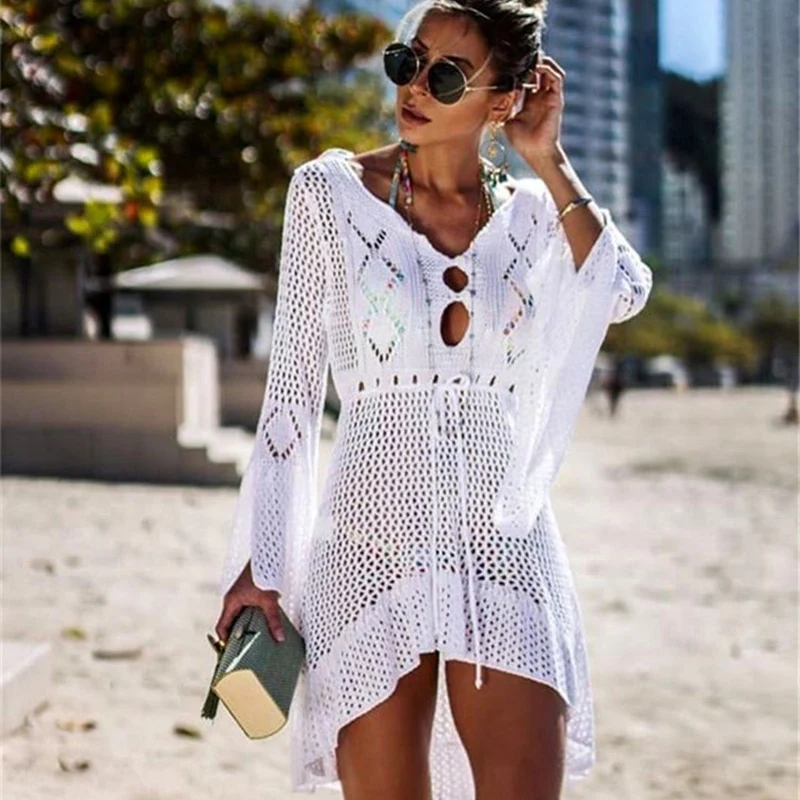 

Solid Crochet Knitted Beach Cover up dress Tunic Hollow Out Long Pareos Bikinis Cover ups Swim Cover up Robe Plage Beachwear Hot