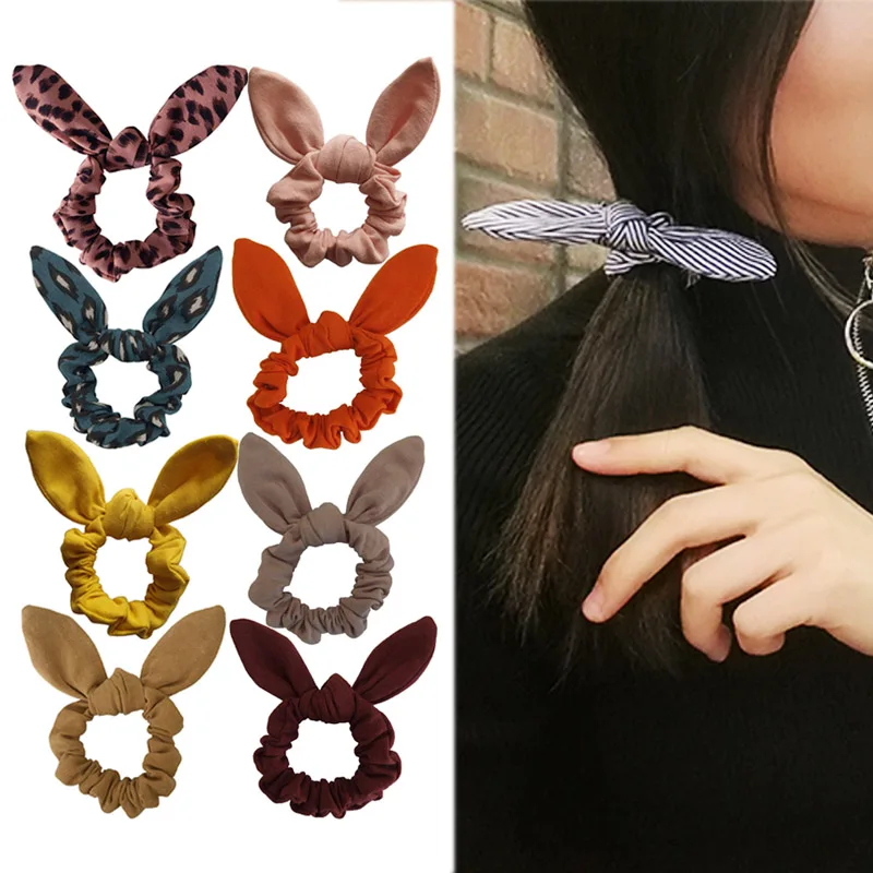 cheap Adjustable Grid 1PC Strip Bunny Ear Valentines Gift Cloth Solid Hair Scrunchie Elastic Flower Ponytail Holder Leopard Print