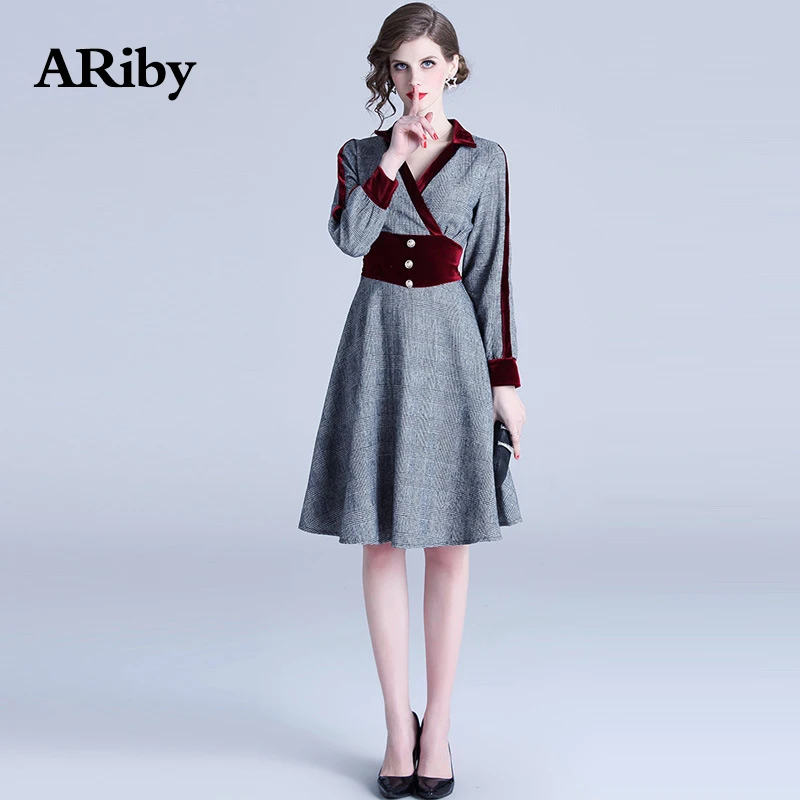 Women Dress Elegant Dress 2019 Spring Summer New French Minority Vintage High End Velvet Plaid Spliced Long Sleeve Slim Dress