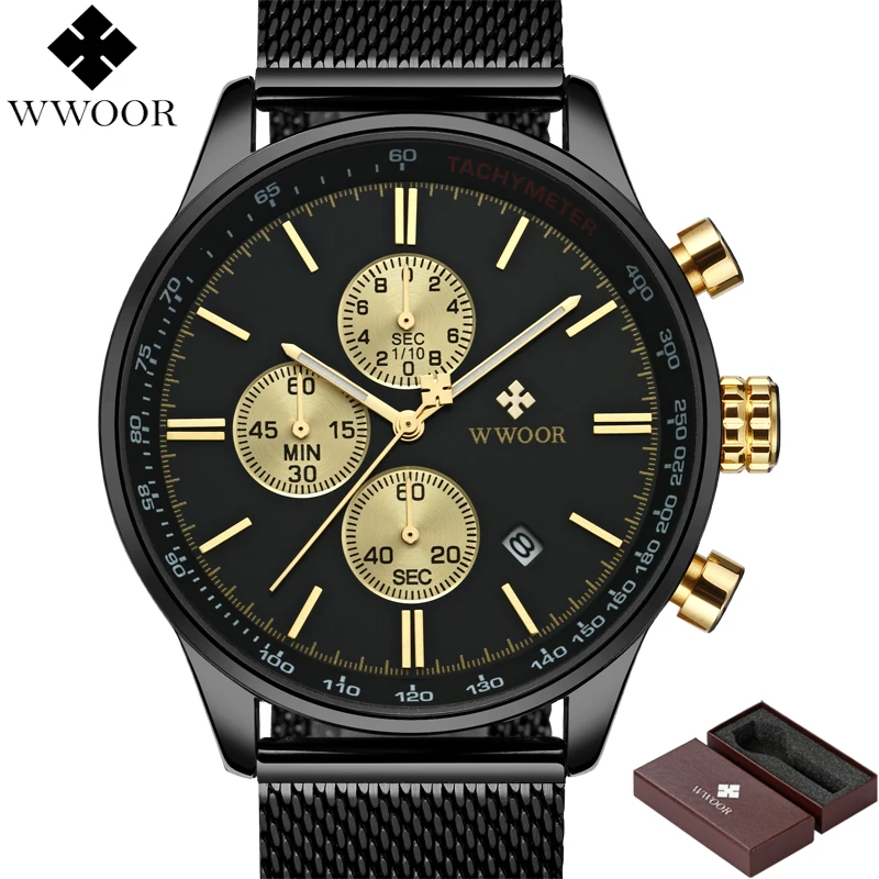 

WWOOR Top Brand Luxury Men's Watch Chronograph Waterproof Stainless Steel Sport Men Quartz Business Wrist Watch Male Black Clock