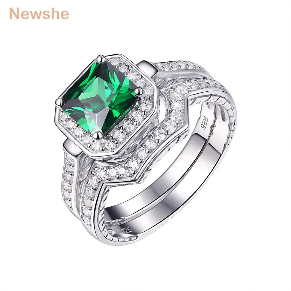 

Newshe 2 Pcs Wedding Ring Set 1.33 Ct Princess Cut Green Zirconia 925 Sterling Silver Engagement Cocktail Rings For Women