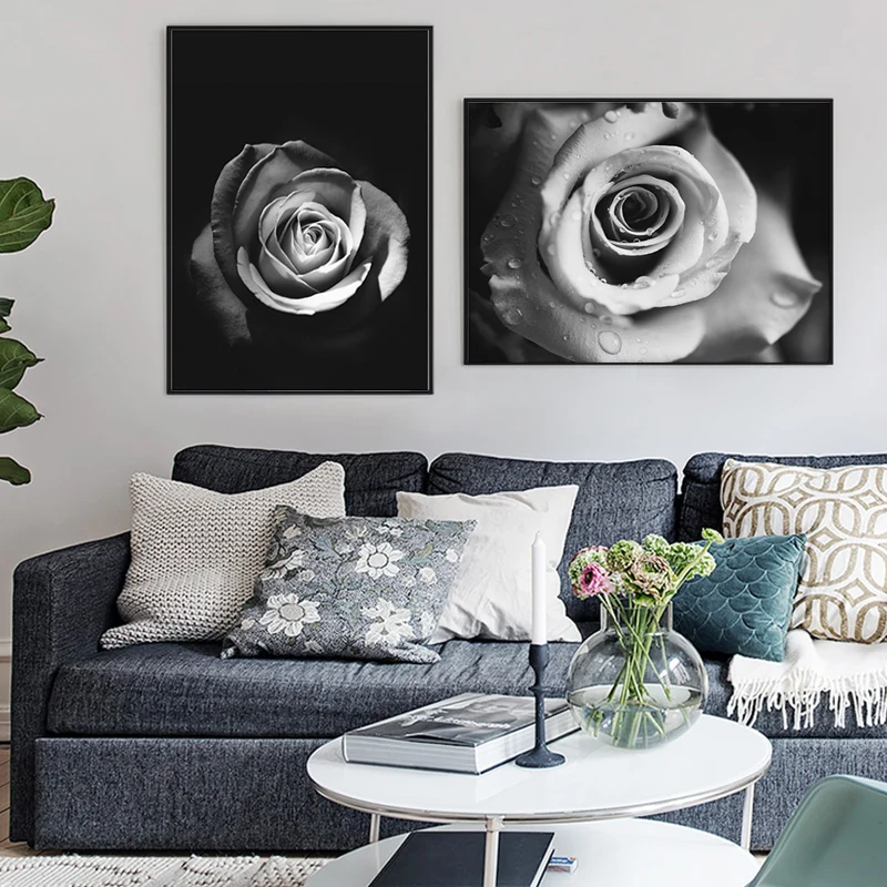 Minimalist-Black-and-White-Wall-Decor-Noble-Floral-Canvas-Art-Rose-Painting-Dew-Rose-Art-Poster