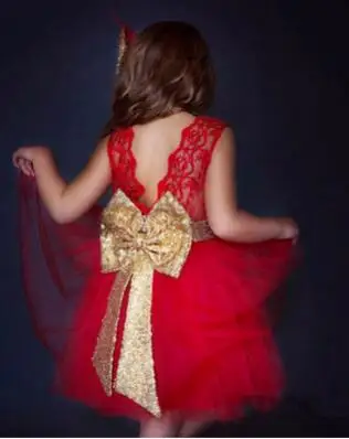 Детское праздничное платье для дня рождения, розовое золото, с блестками, с бантом, кружевное, с вырезом лодочкой, длиной до колена, пачка, свадебное платье с цветочным узором для девочек - Цвет: Красный