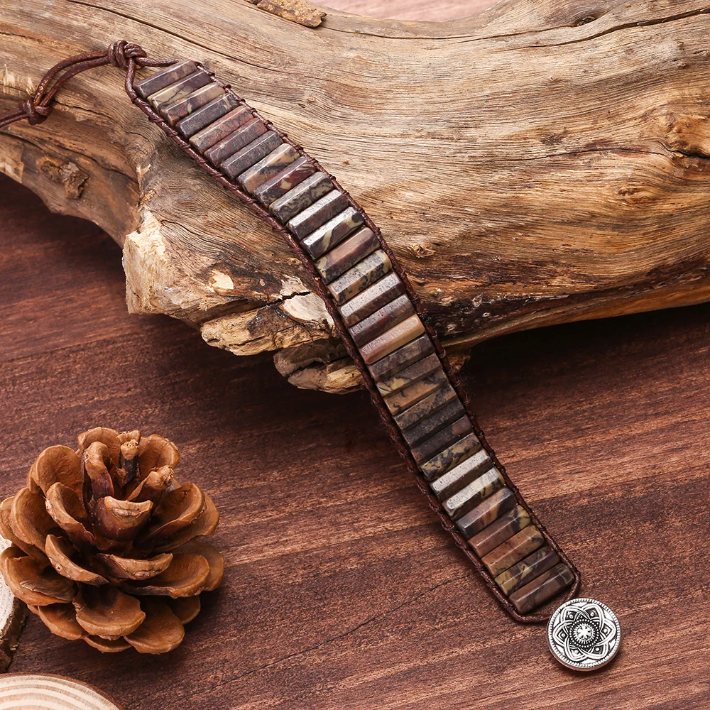 Vintage Boho Leather Natural Dragon Bone 1 Wrap Tube Bead Adjustable Bracelet Jewelry for Men Women