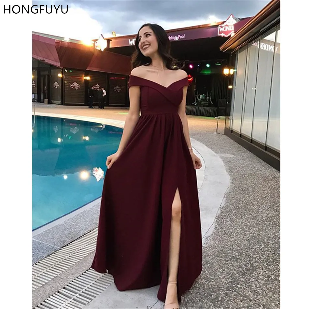 HONGFUYU A-Line vestidos de fiesta платья для выпускного вечера Новинка атласные вечерние платья с открытыми плечами вечерние платья для женщин Формальные с Боковым Разрезом