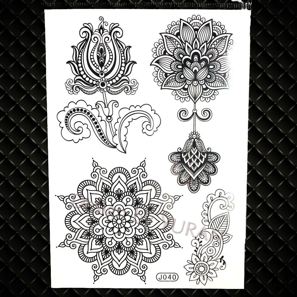 Сексуальные черные перья мандала цветок временные тату хной наклейки для женщин девушек тело большое Бохо Татуировка рука поддельные татуировки свадьба - Цвет: GBJ040