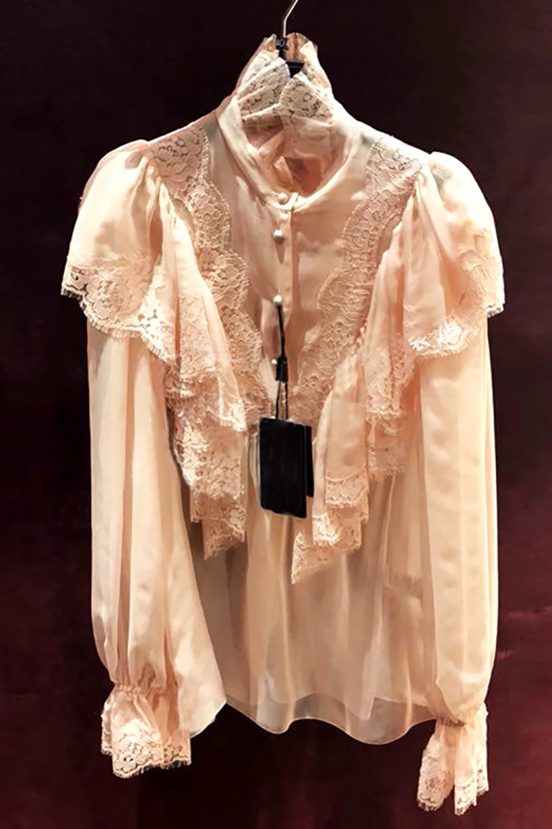 

Pink Shirts 2018 Autumn Fashion Sexy Blouse Women Turn Down Neck Lace Patchwork Ruffles Button Chiffon Blouse