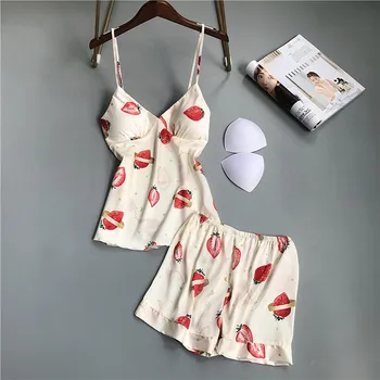

Pajamas Female Summer Ice Silk Strap Shorts Korean Version of Fresh Home Clothes Girls Two-piece with Chest Pad Sexy Lingerie