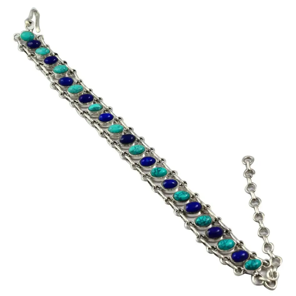 

NiaoZaiFei YunZaiKan Genuine Turquoise + Lapis Lazuri Bracelet 925 Sterling Silver,23 cm, MHBB0121