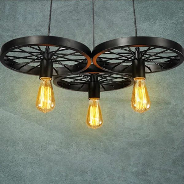 Vintage Antique Metal Art Large Barn Wheels Hanging Pendant Light