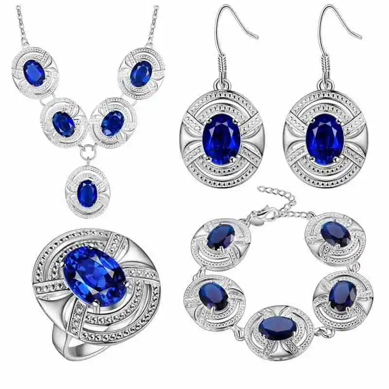 

BRACELET Pendant necklace Earrings ring A thick silver set trade blue gem suit temperament. bts diy silver -jewelry