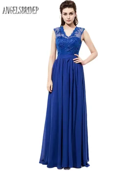 

ANGELSBRIDEP Junoesque Royal Blue Bridesmaid Dresses Lace V Neck Bodice Chiffon Wedding Formal Party Gowns Custom Made
