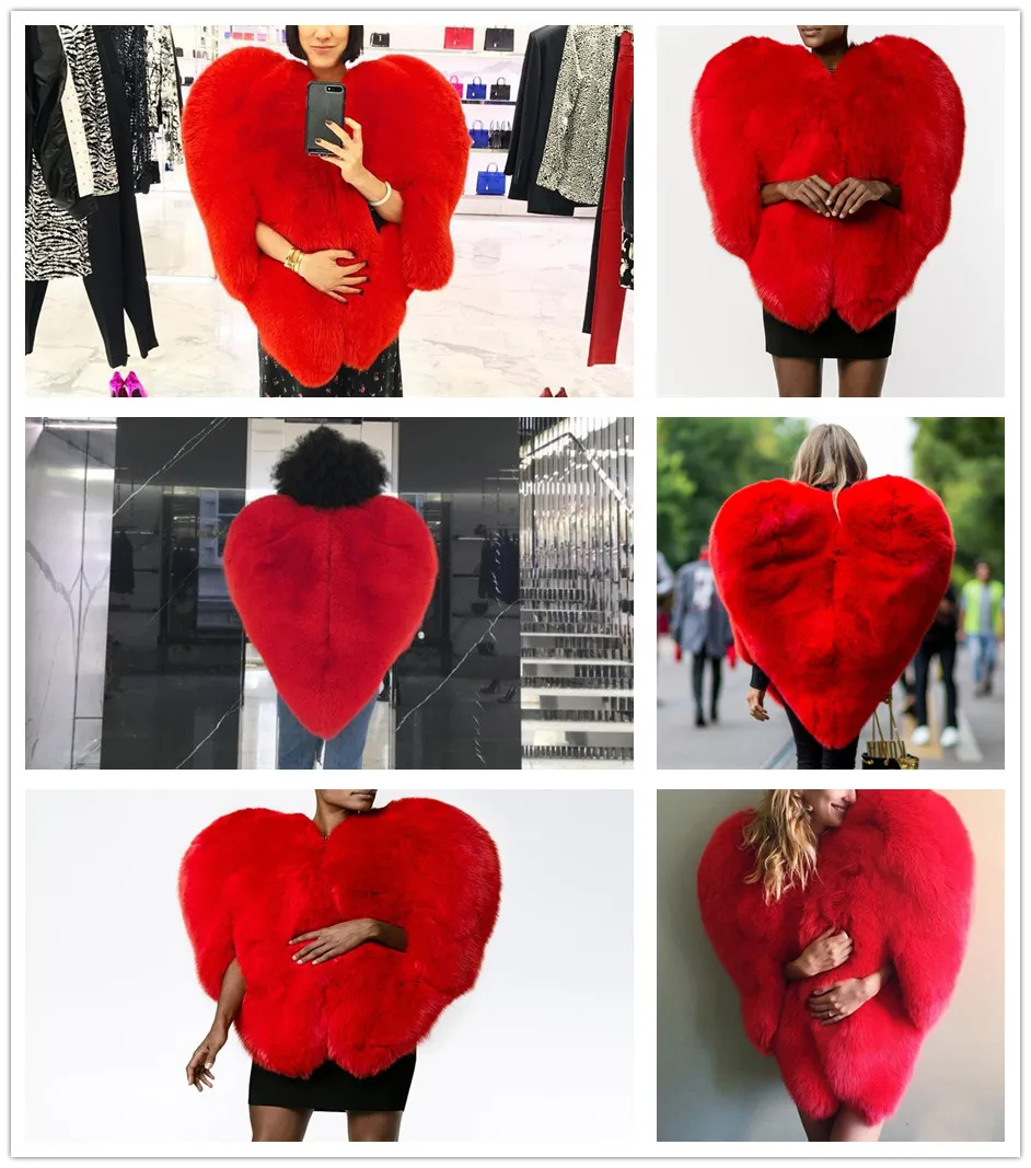TXJRH Стильная накидка знаменитостей с объемным изображением красного сердца из искусственного лисьего меха, длинное мохнатое пальто для женщин, Толстая теплая верхняя одежда, зимняя верхняя одежда