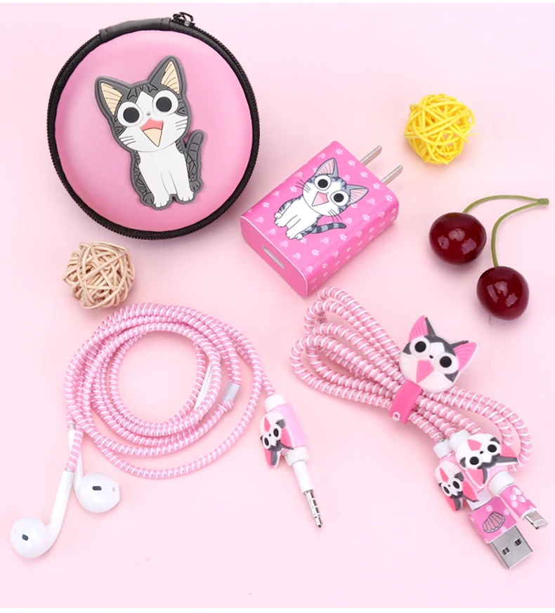 

Cute Cartoon USB Cable Earphone Protector Set With Box Cable Winder Stickers Spiral Cord Protector For Huawei glory 7/glory 8