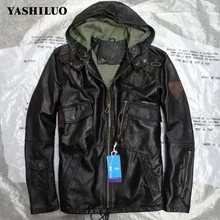 Новое поступление, мужская кожаная куртка с капюшоном из овчины, короткие пальто, черная Повседневная ветровка пилота на молнии, с карманами, приталенная, в стиле панк