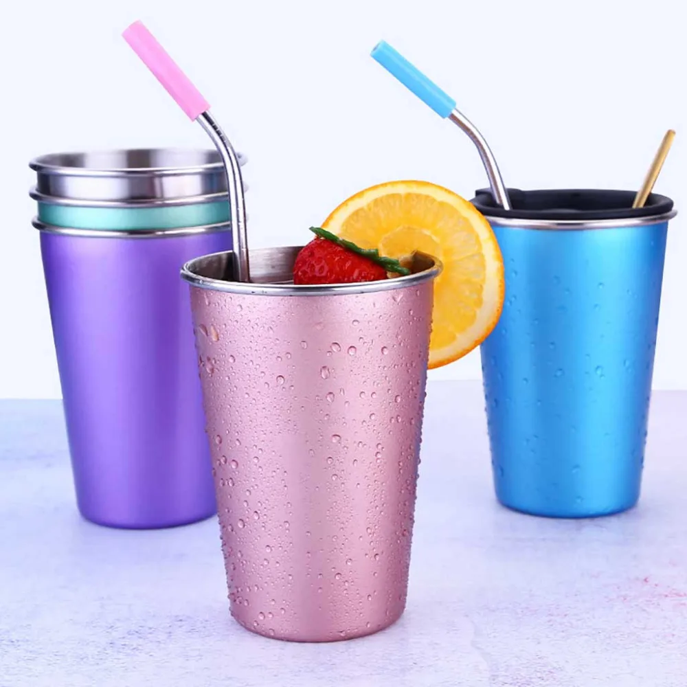 4 species Stainless Steel Silicone Mugs Hand Cup With Straw Lid Cup
