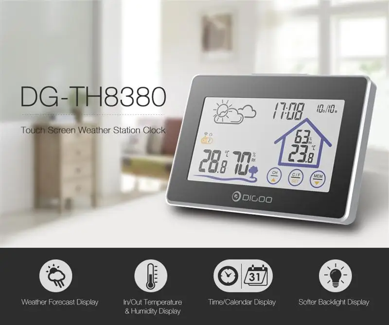 Digoo DG-TH8380 Wireless Touch Screen Weather Station Thermometer Outdoor Forecast Sensor Clock
