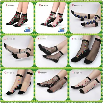 

2019 Newest Women Lace Socks Crystal Glass Silk Short Thin Transparent Roses Flower Socks