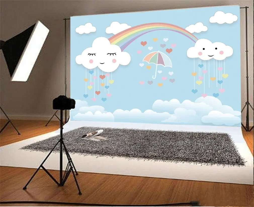 Photography Backdrop Kawaii Cloud and Rainbow Blue Sky Photo Background Party | Электроника
