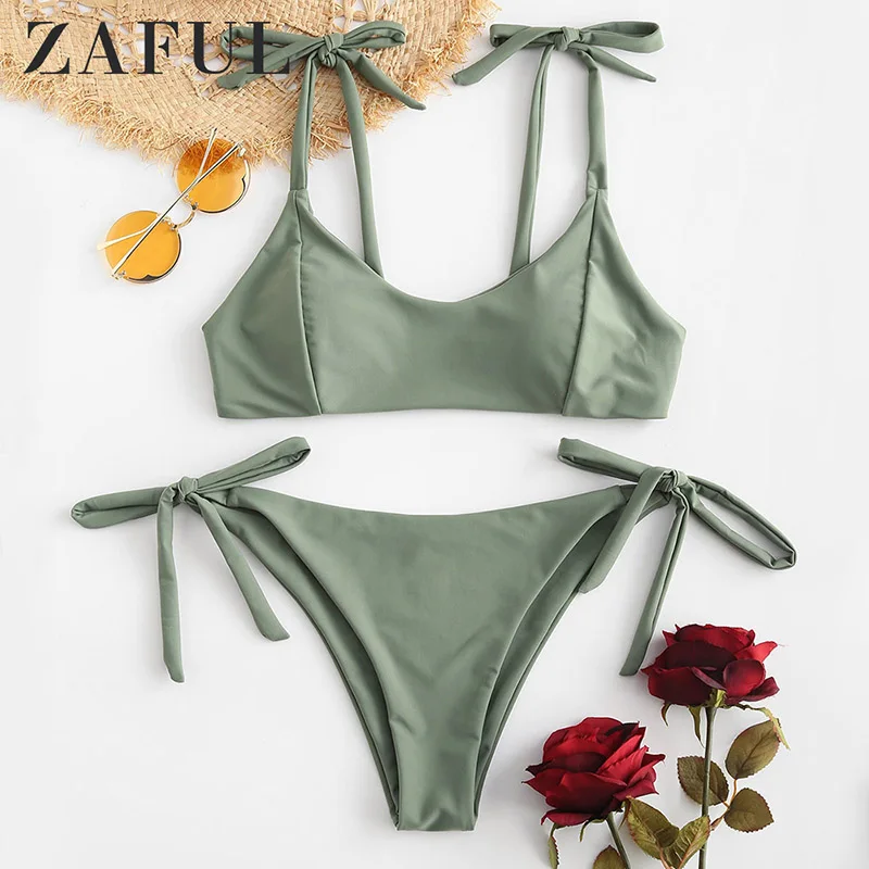 

ZAFUL Summer Women Camouflage Green Swimsuit Solid Bikini Push Up Swimsuit Tied Low Waisted Bikini Set Bikini Promotion