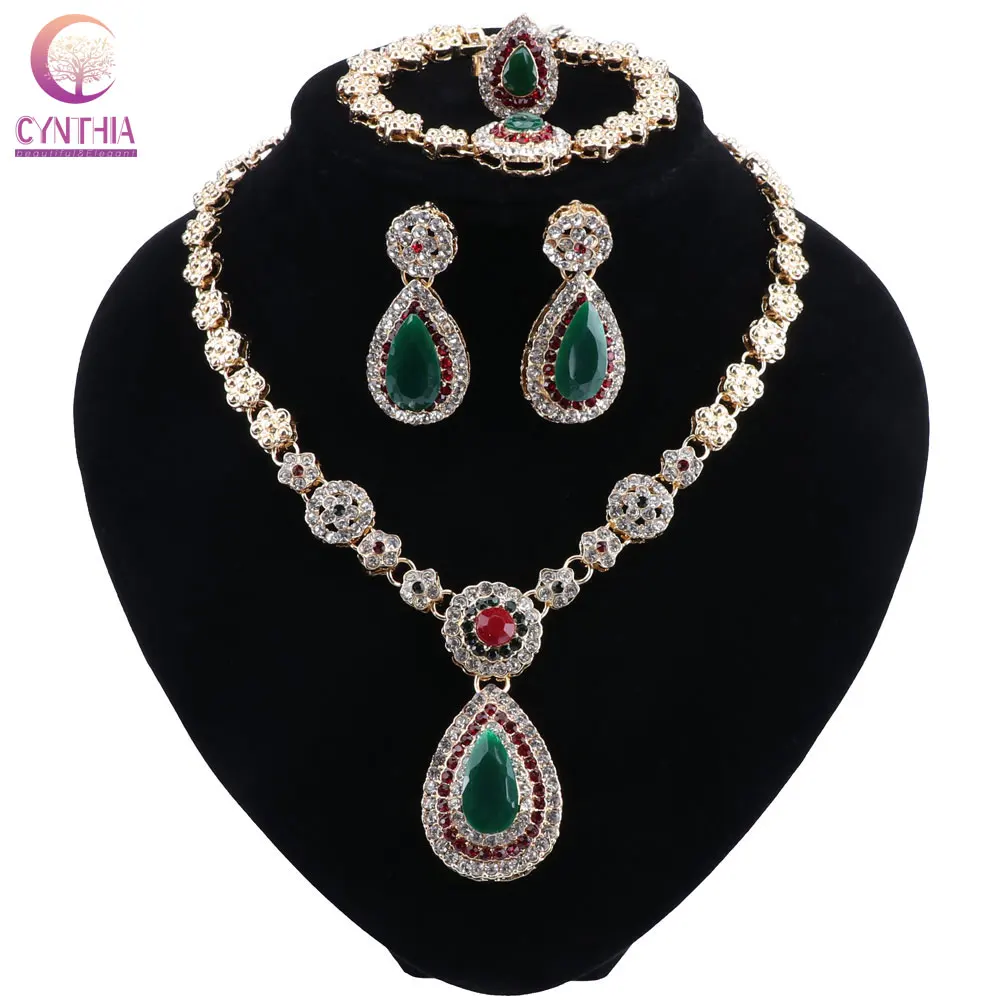 

CYNTHIA Gold Color African Costume Necklace Bracelet Earrings Ring Nigeria Dubai Wedding Rhinestone Jewelry Sets For Women