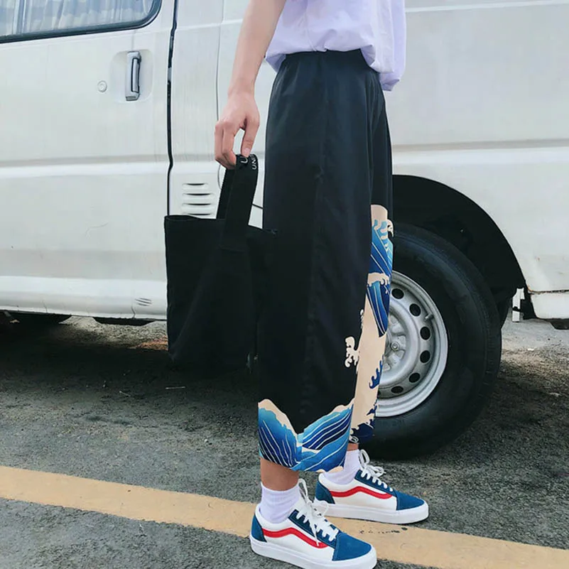 NiceMix летние японские Харадзюку эластичные свободные брюки с высокой талией для отдыха Ulzzang повседневные женские свободные штаны с волнистым принтом