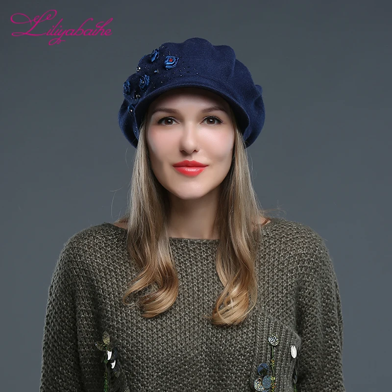 Skup LILIYABAIHE kobiety kapelusz rondo dzianiny wełna angora czapka czapka zimowa ręcznie robiona róża zakrętka w kształcie kwiatu dziewczyna
