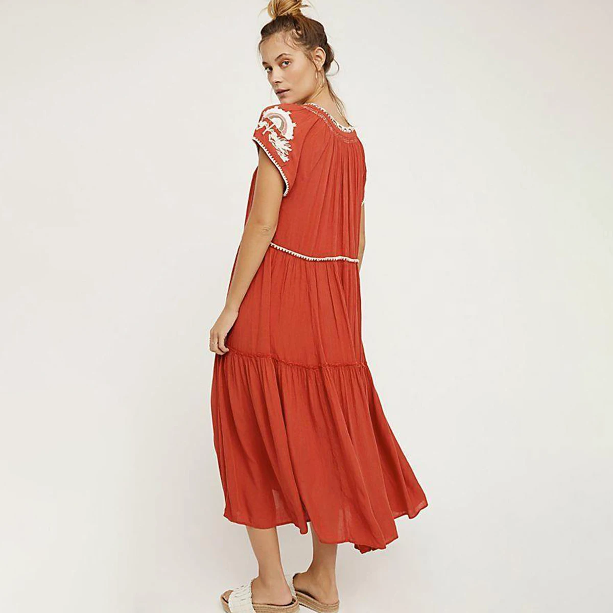 Daisy Fields Бохо Макси Платье женское с длинным рукавом V образным вырезом на шнуровке сексуальные платья женские красные с вышивкой цыганские хиппи длинное платье