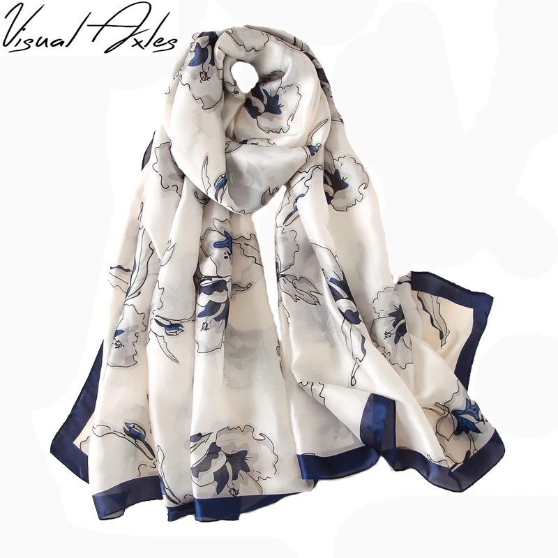 

[Visual Axles] Plus Size Pure Silk Scarf Women Luxury Brand Print Designer Navy Floral Oblong 100% Thin Natural Foulard Scarves