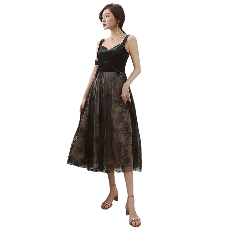 black velvet mesh stars embroidered dress strappy v neck bow tie high waist tea-length backless maxi dress woman sexy dresses