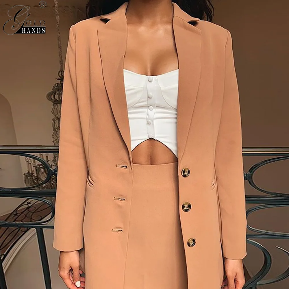 

Gold Hands Fashion Khaki Long Blazer Oversized Single Breasted Long Sleeve Suit Jackets Women Office Business Casual Fall 2019