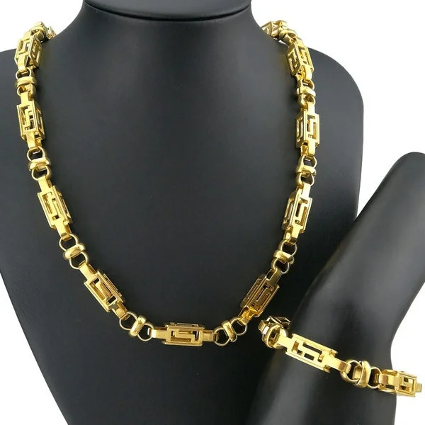 Нержавеющая сталь 8,5 мм ширина мужские наборы ожерелье браслет полированный N379 B197 золотой или серебряный тон