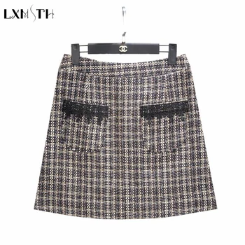 

LXMSTH Winter Short Wool Skirt Women Spring Autumn Plus Size Patchwork Fashion Tweed Skirt Ladies Pockets Mini A Line Skirts