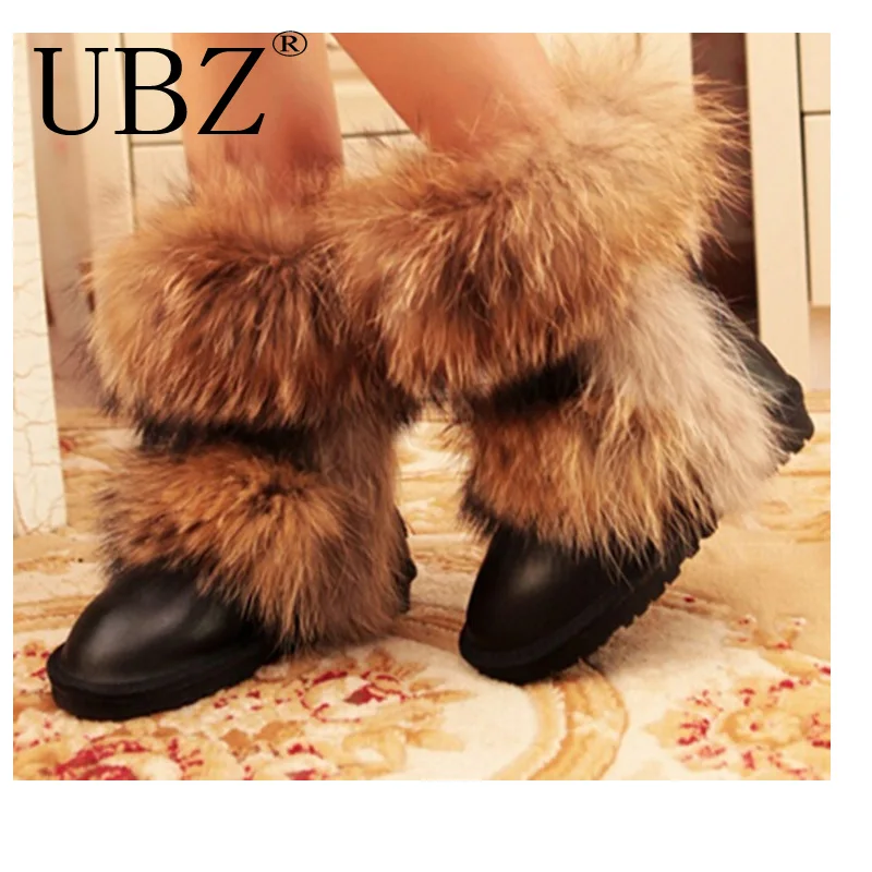 Women's Natural Real Fox Fur Snow Boots 100% Genuine Leather women Boots Female Winter Shoes