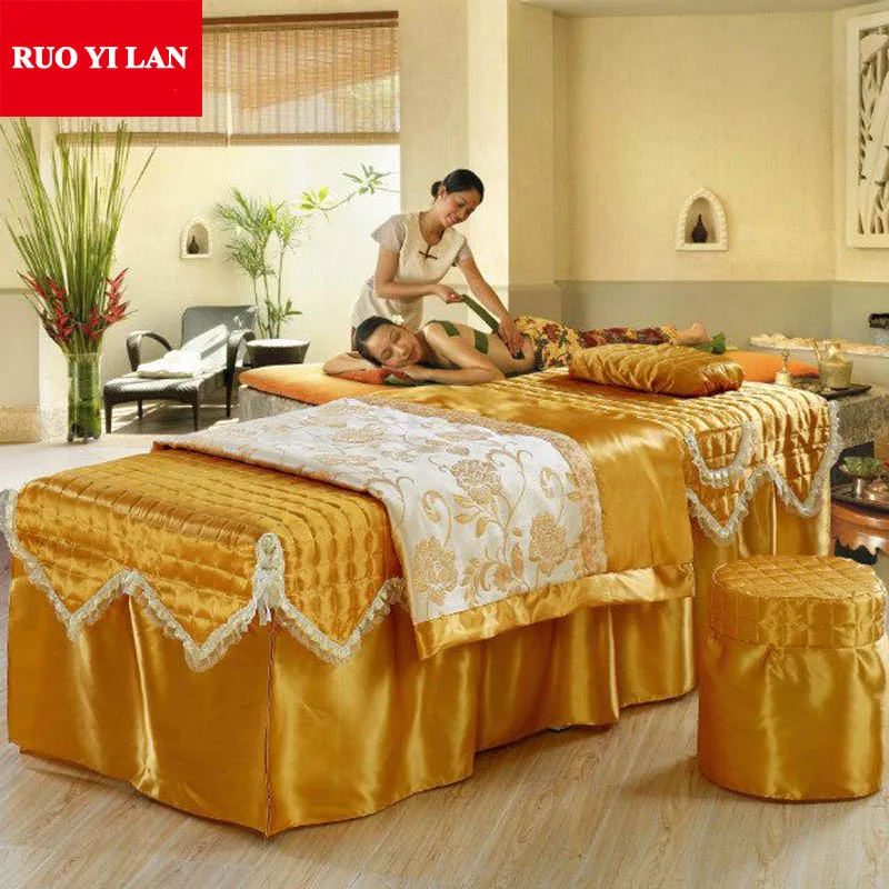 

Four-piece Quilted Beauty Bedspread Ruffles Bed Skirt Duvet Cover for Beauty Parlor 70*190cm Lace Bed Sheet Red Yellow