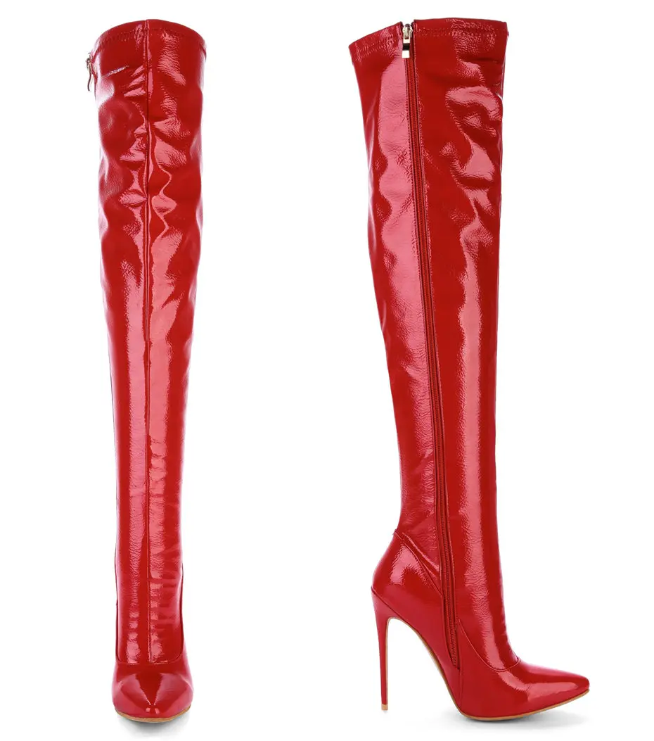 Лакированная кожа женские облегающие высокие сапоги; пикантные женские танцевальные острый носок тонкий Спайк Высокий каблук-шпилька красная застежка-молния длинная Сапоги выше колен(ботфорты