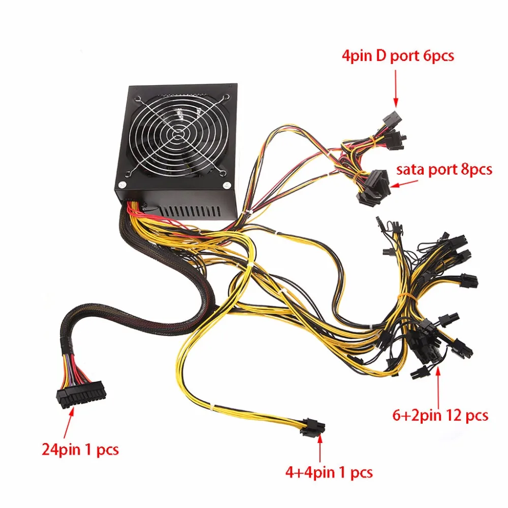 

1600W ATX Power Supply 14cm Fan Set For Eth Rig Ethereum Coin Miner Mining