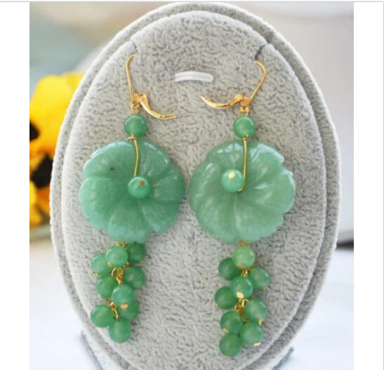 

Free shipping 30mm green carved flower bead dangle earring