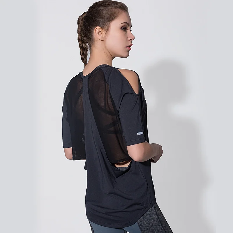 Women Yoga Shirt Tops Mesh Back Loose Round Neck Short Sleeve Fitness