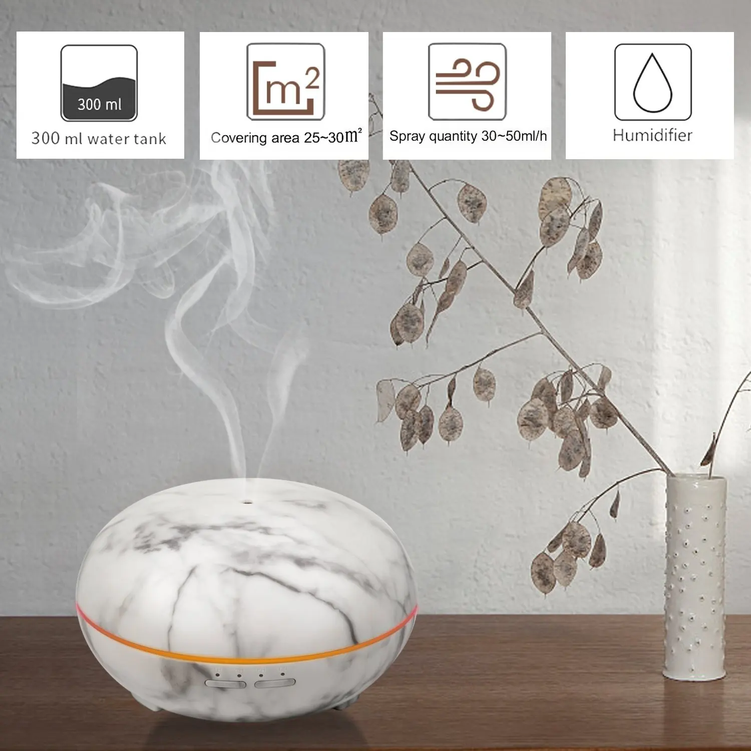 

High Quality Essential Oil Diffuser White Marble 300ml Adjustable Mist Size Ultrasonic Aroma Diffuser and Air Humidifier Waterle