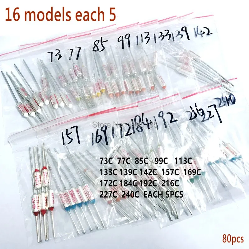 16 значений = 80 шт. Ассортимент Комплект тепловой предохранитель 10A 250 В тепловые Обрезанные 73C градусов-240C градусов температура предохранитель переключатель RY-113 240