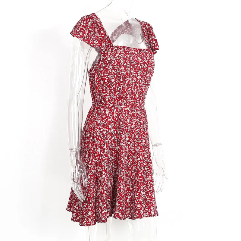 Backless navy floral print short dress Women back strap high waist summer dress Vintage red boho beach dress vestidos13