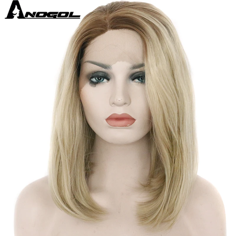 Anogol омбре с темными корнями блондинка короткий Боб 2 тона прямо высокое температура волокно синтетические волосы на кружеве парик для