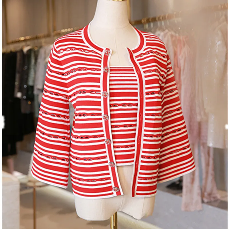 

Brand fashion women's high-end luxury spring and summer striped vest suits slim knitted cardigan strap two-piece