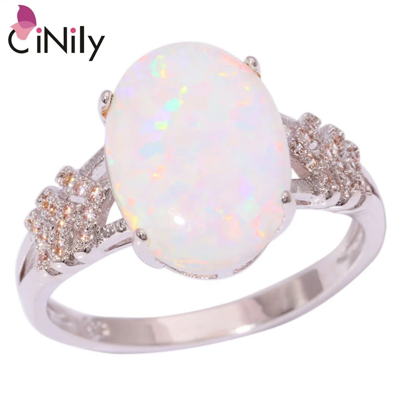 

CiNily White Fire Opal Large Oval Stone Ring Silver Plated CZ Crystal Wedding Party Jewelry Gifts Girls Women Ring Size 10 11
